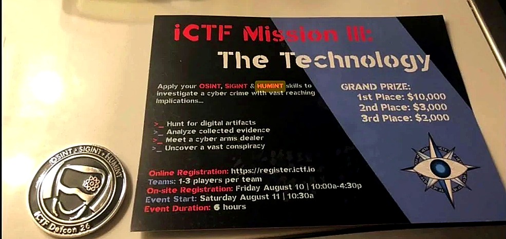 DEF CON 26 iCTF OSINT/SIGINT/HUMINT challenge coin