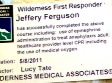 Wilderness First Responder wallet card, Wilderness Medical Associates, instructor Lucy Tate