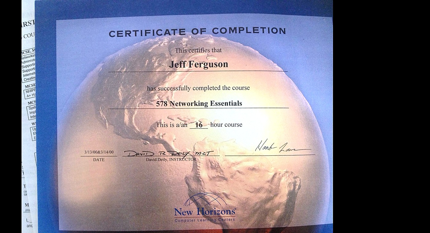 New Horizons Networking Essentials certificate, March 2000