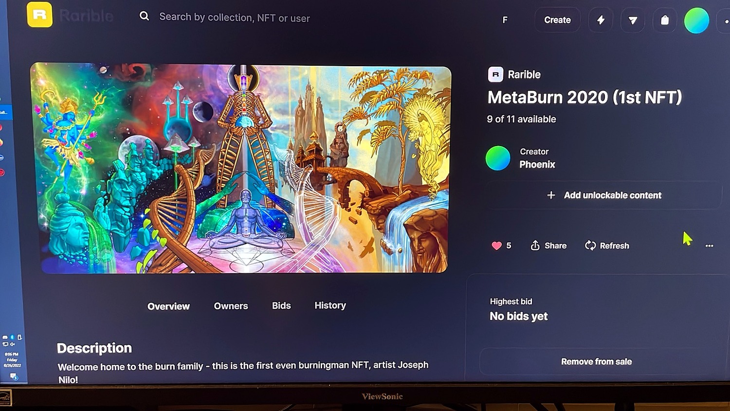 Rarible listing for MetaBurn 2020 (1st NFT), creator Phoenix