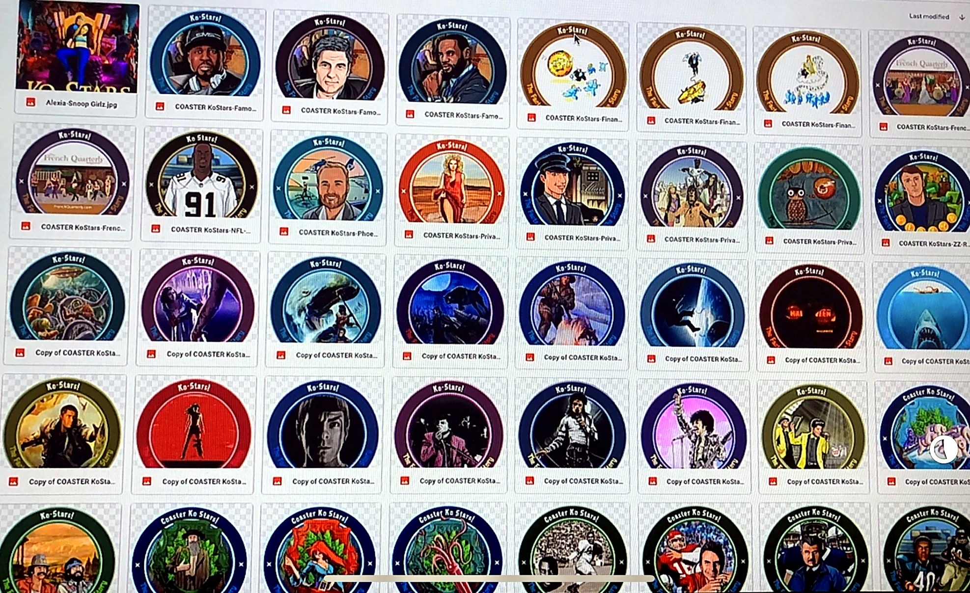 Grid of illustrated KO-STARS trading cards and coasters