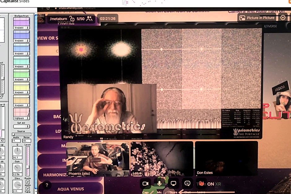 Live production session in the METABURN XR-Labs room — Randy (Psiometrics), Phoenix, Lotus, and Don Estes