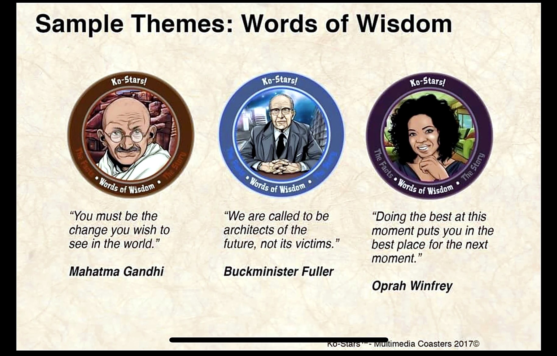 KO-STARS 'Words of Wisdom' sample cards — Gandhi, Buckminster Fuller, Oprah Winfrey