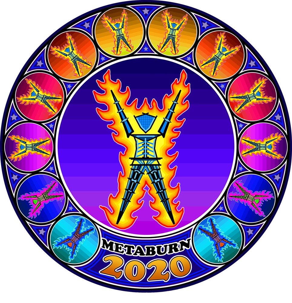 METABURN 2020 gift token — a circular millefiore-style medallion with a flaming Burning Man figure at its centre, ringed by twelve coloured pendant variants