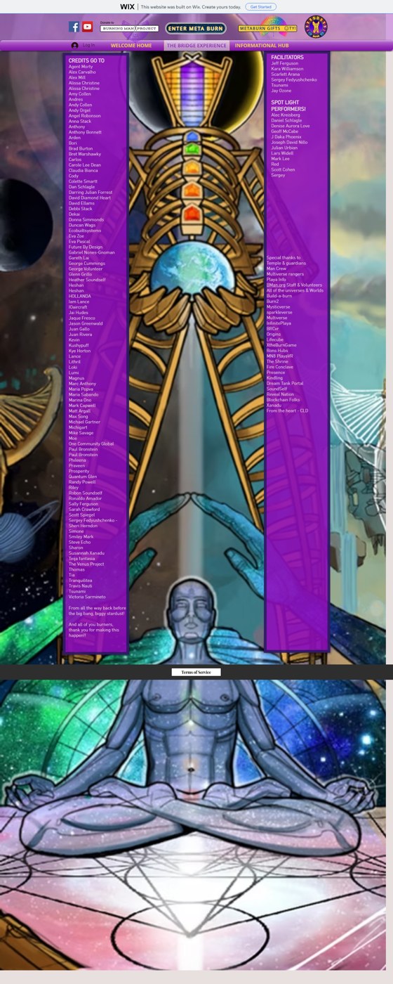 METABURN site credits page, listing Jeff Ferguson as facilitator and J Daka Phoenix as spotlight performer