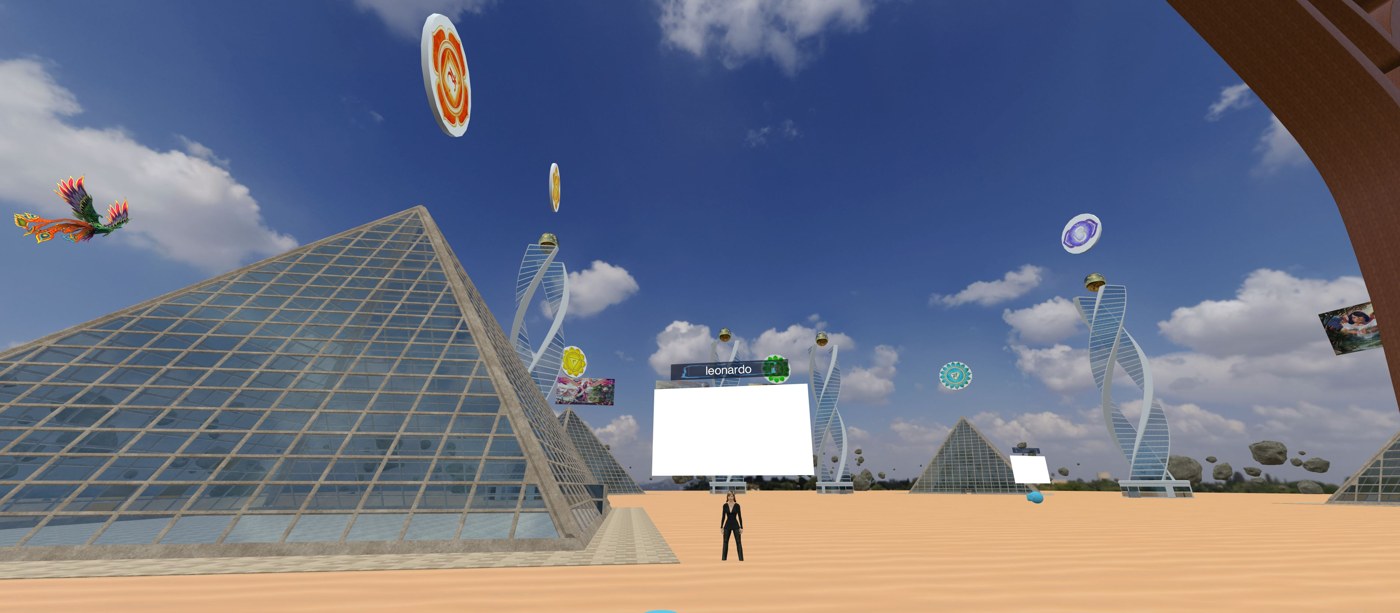 Ozone Universe WebXR environment — glass pyramids, DNA-helix towers, avatars on the playa