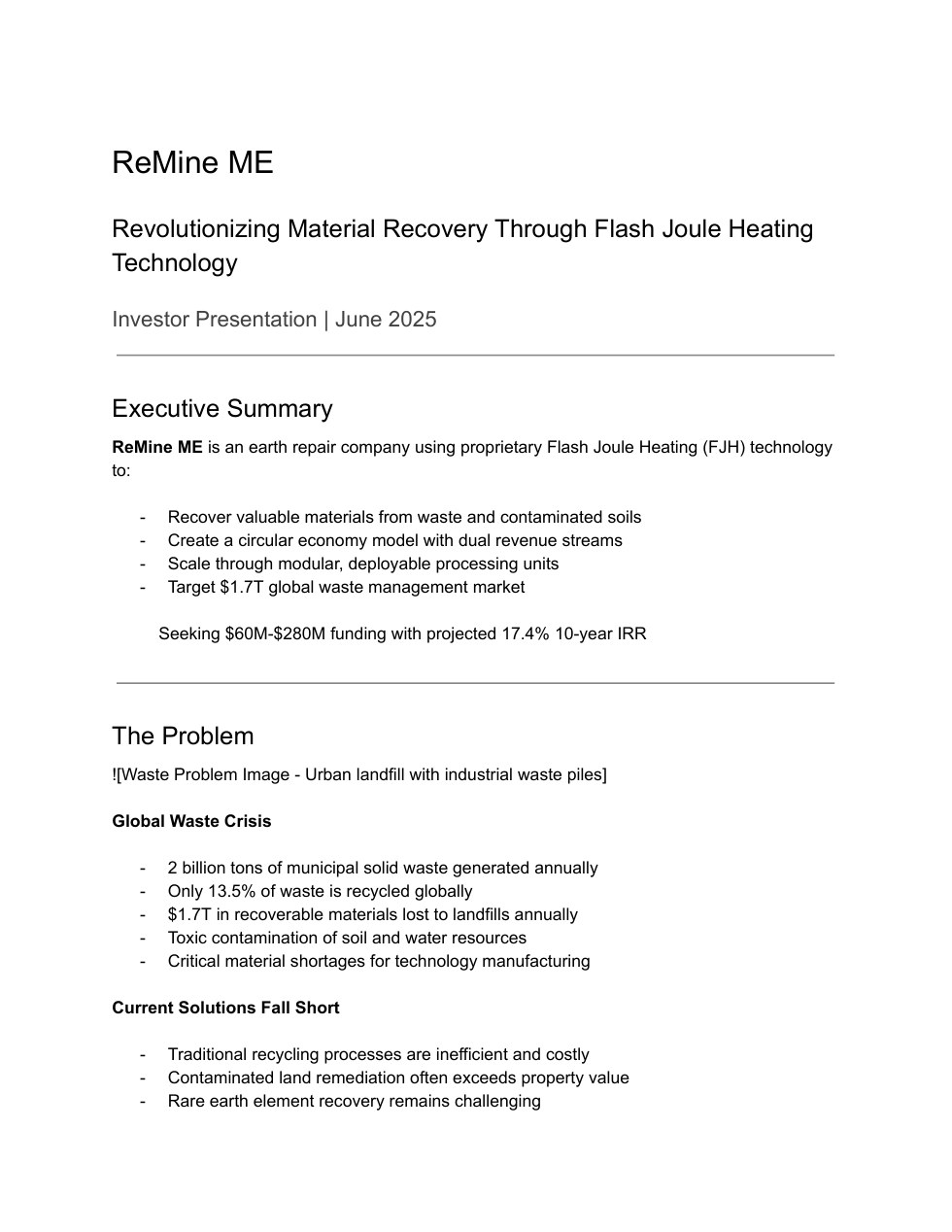 ReMine ME enhanced pitch deck cover