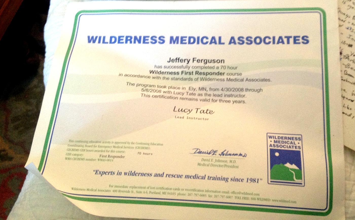 Wilderness First Responder certificate, Wilderness Medical Associates, Ely MN, April 2008
